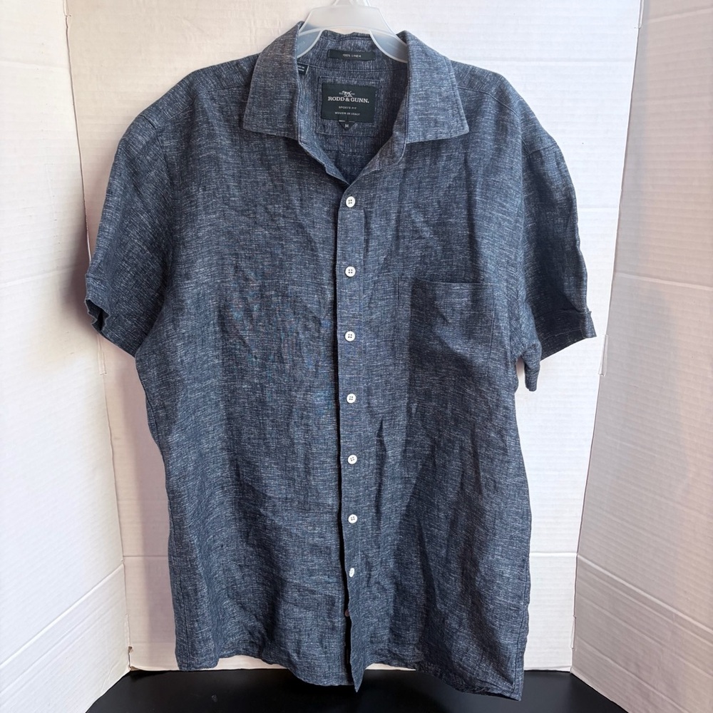 RODD & GUNN Sports Fit Short Sleeve Linen Button-Up Shirt Color Marine Size Med